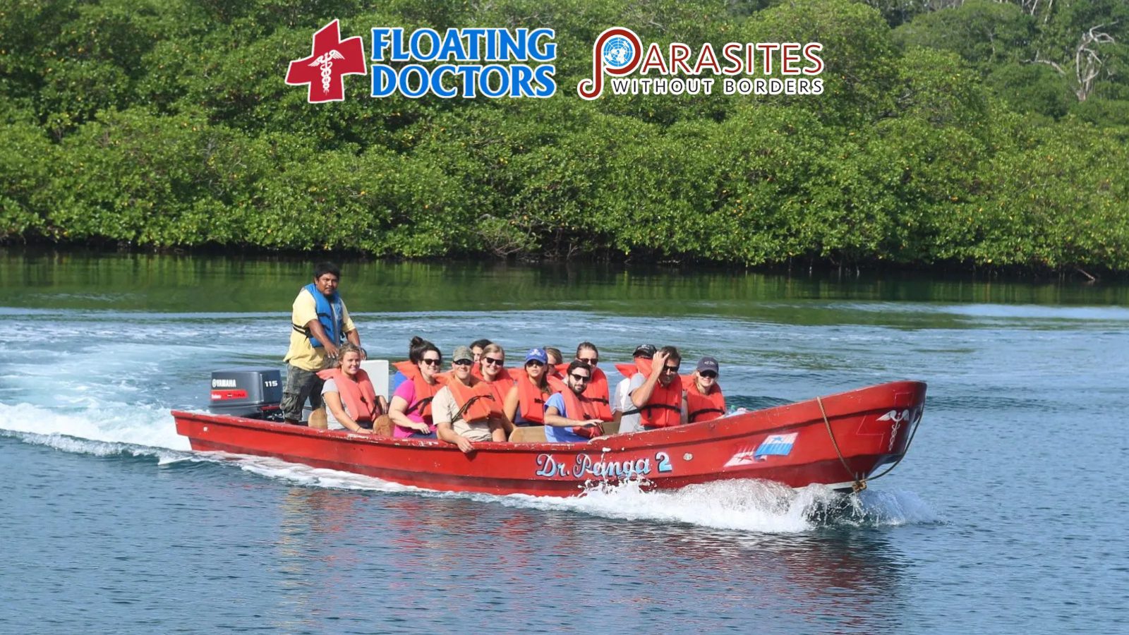 Image of people on a boat getting across large body of water in tropical area